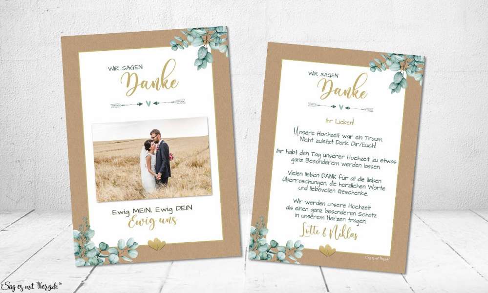 Danksagungskarte Hochzeit Kraftpapier Eukalyptusverzierung Danksagungskarte Hochzeit Kraftpapier Eukalyptusverzierung