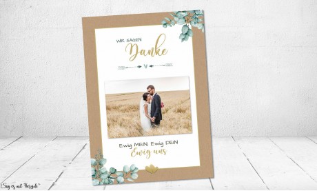 Dankeskarte Hochzeit Kraftpapier Eukalyptus gold Postkarte