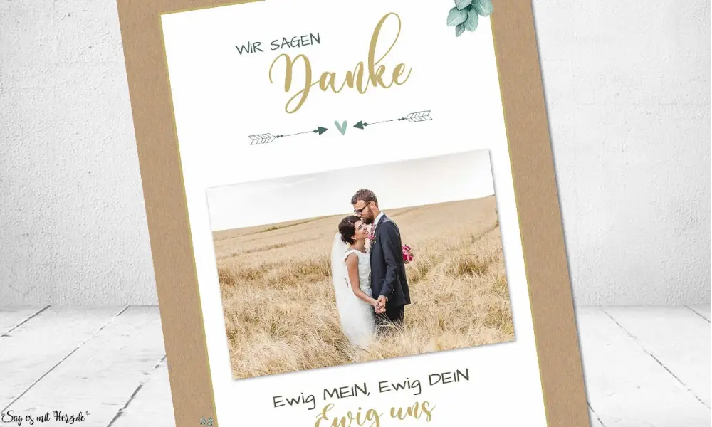 Dankeskarte Hochzeit Kraftpapier Eukalyptus gold Postkarte