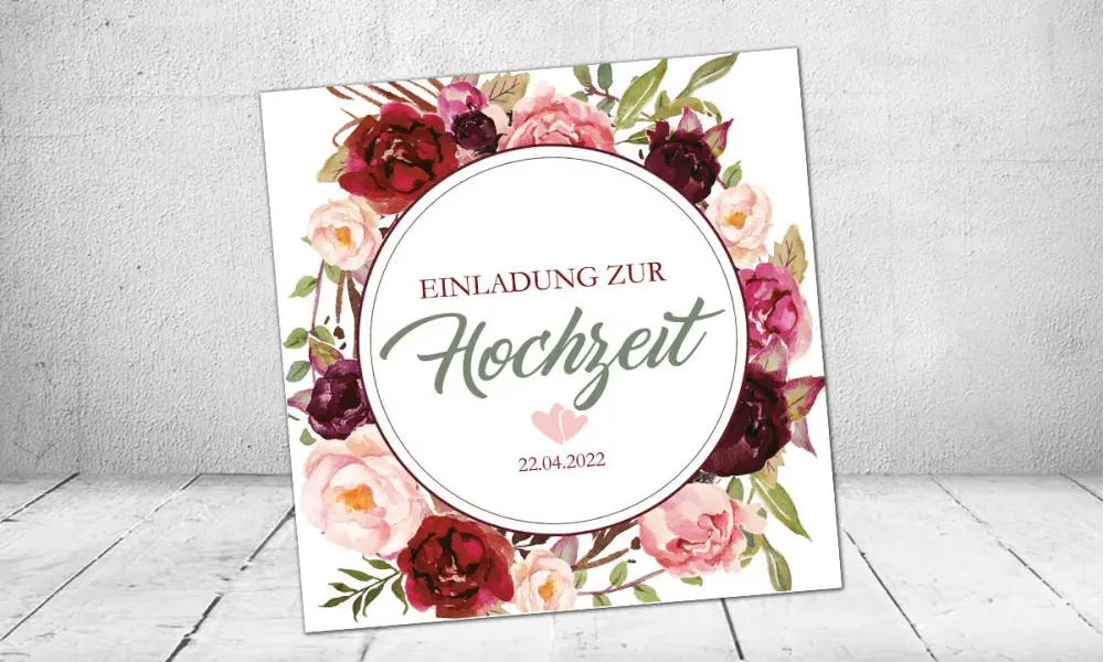 Einladungskarten Boho Hochzeit quadratisch rot floral