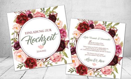 Einladungskarten Boho Hochzeit quadratisch rot floral