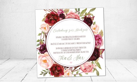 Einladungskarten Boho Hochzeit quadratisch rot floral