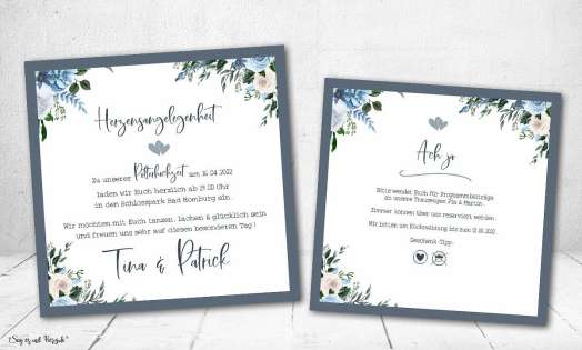 Einladung Hochzeit quadratisch Blumen Vintage blau