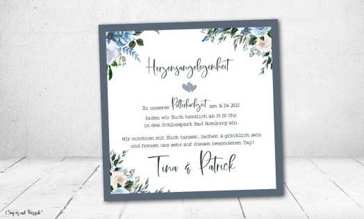 Einladung Hochzeit quadratisch Blumen Vintage blau