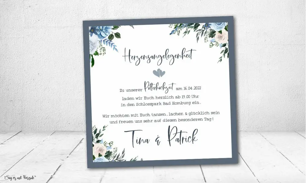 Einladung Hochzeit quadratisch Blumen Vintage blau
