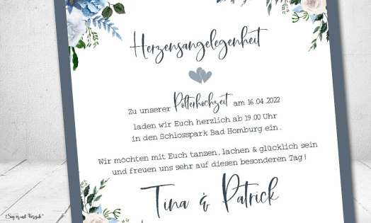 Einladung Hochzeit quadratisch Blumen Vintage blau