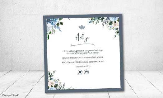 Einladung Hochzeit quadratisch Blumen Vintage blau