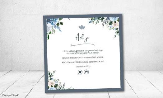 Einladung Hochzeit quadratisch Blumen Vintage blau