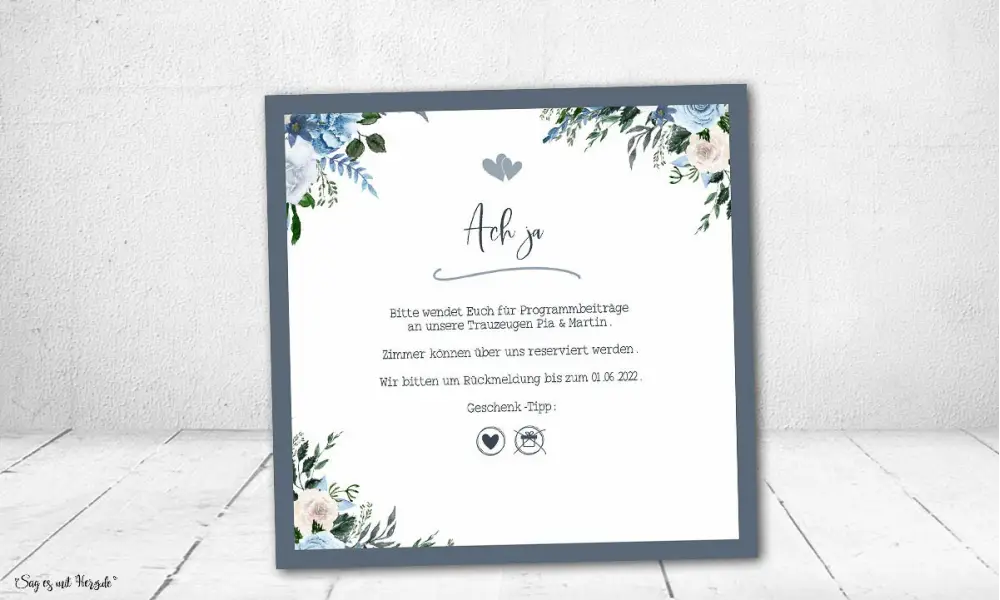Einladung Hochzeit quadratisch Blumen Vintage blau