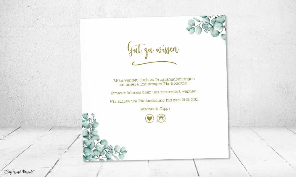Einladungskarten Hochzeit Greenery Eukalyptus quadratisch