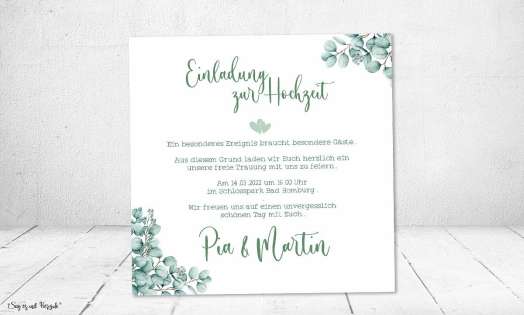 Einladungskarten Hochzeit Greenery Eukalyptus quadratisch