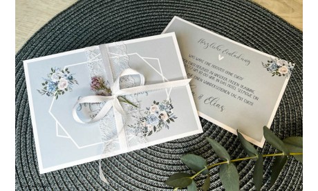 Einladungskarten Hochzeit Boho blau floral Postkarte