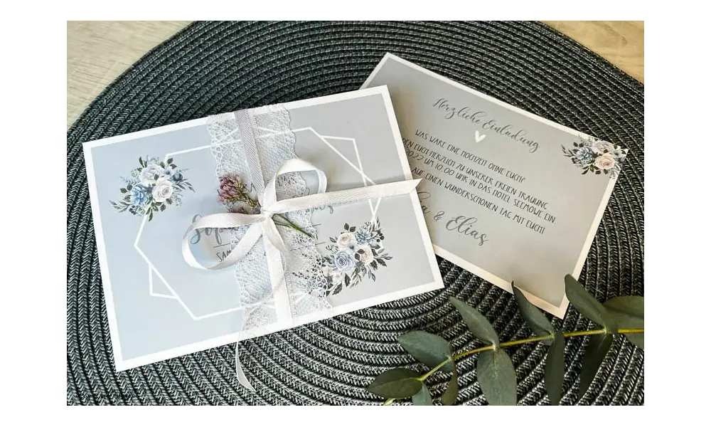 Einladungskarten Hochzeit Boho blau floral Postkarte