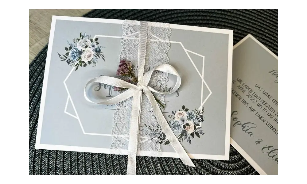 Einladungskarten Hochzeit Boho blau floral Postkarte