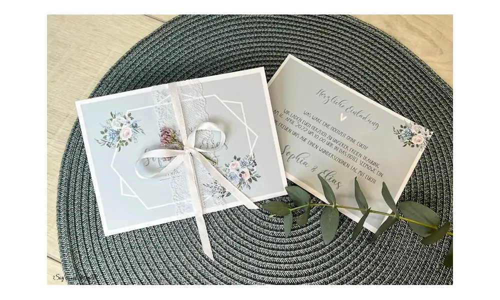 Einladungskarten Hochzeit Boho blau floral Postkarte
