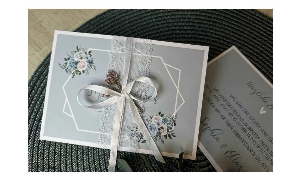 Einladungskarten Hochzeit Boho blau floral Postkarte