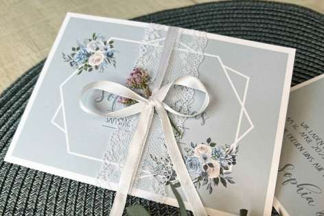 Einladungskarten Hochzeit Boho blau floral Postkarte