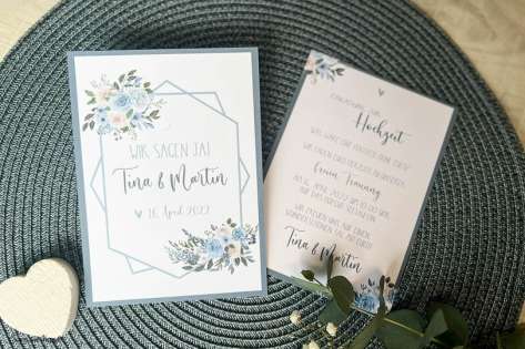 Einladungskarten Hochzeit Vintage Blumen blau Postkarte Hochzeitseinladung