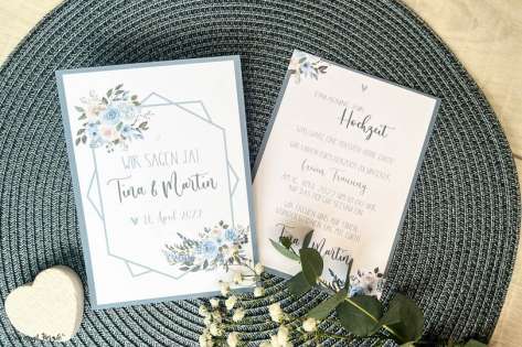 Einladungskarten Hochzeit Vintage Blumen blau Postkarte Hochzeitseinladung