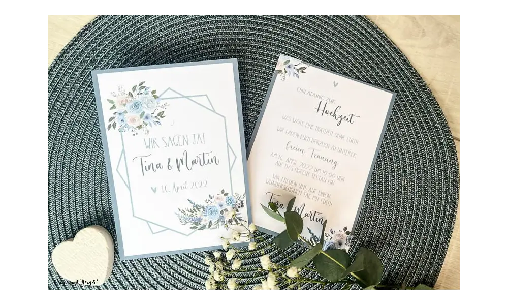 Einladungskarten Hochzeit Vintage Blumen blau Postkarte Hochzeitseinladung