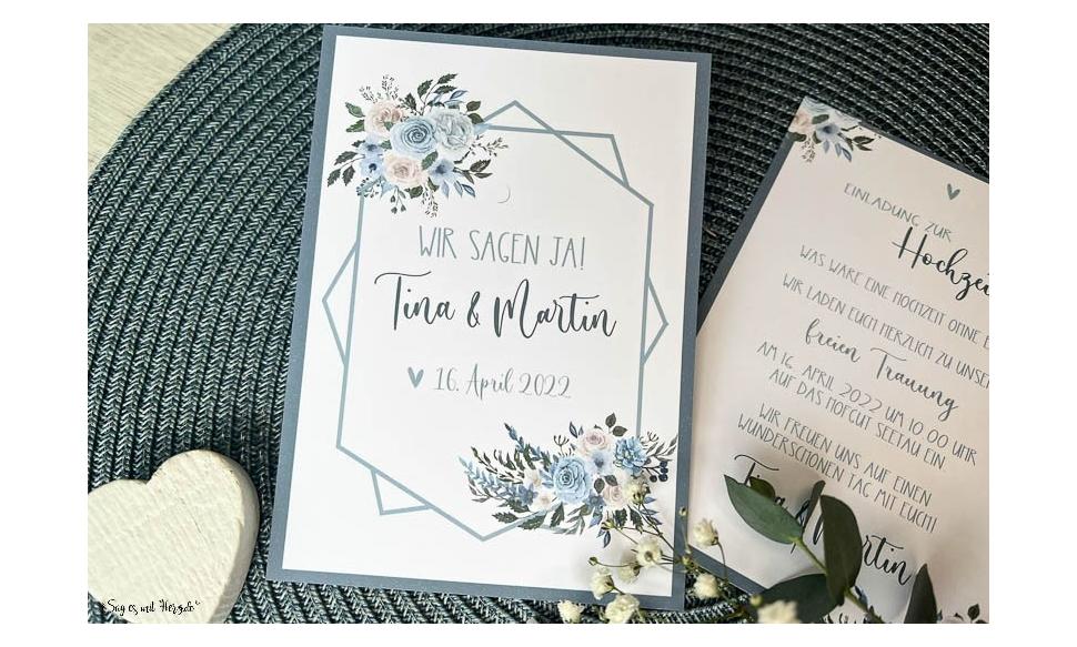 Einladungskarten Hochzeit Vintage Blumen blau Postkarte Hochzeitseinladung