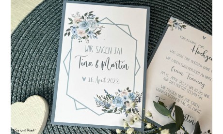 Einladungskarten Hochzeit Vintage Blumen blau Postkarte Hochzeitseinladung
