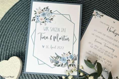 Einladungskarten Hochzeit Vintage Blumen blau Postkarte Hochzeitseinladung