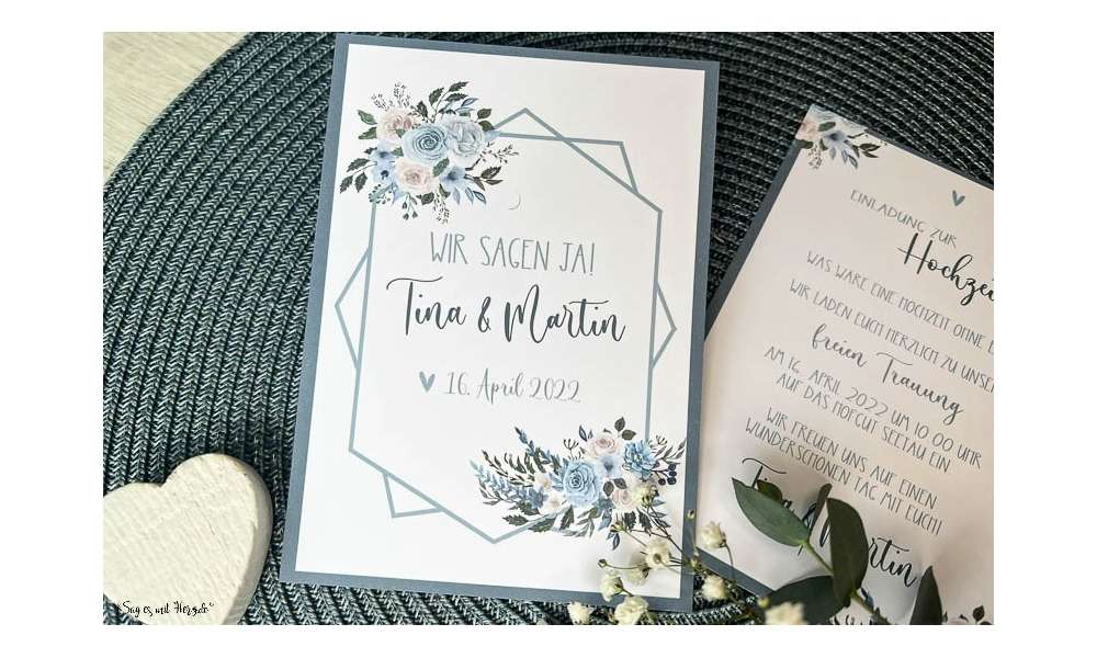 Einladungskarten Hochzeit Vintage Blumen blau Postkarte Hochzeitseinladung