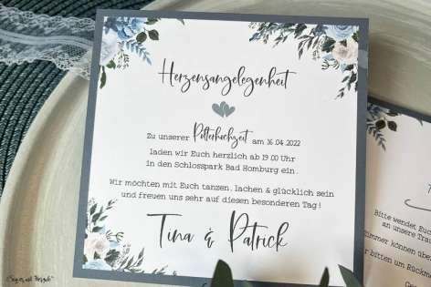 Einladungskarten Hochzeit quadratisch Blumen Vintage blau floral