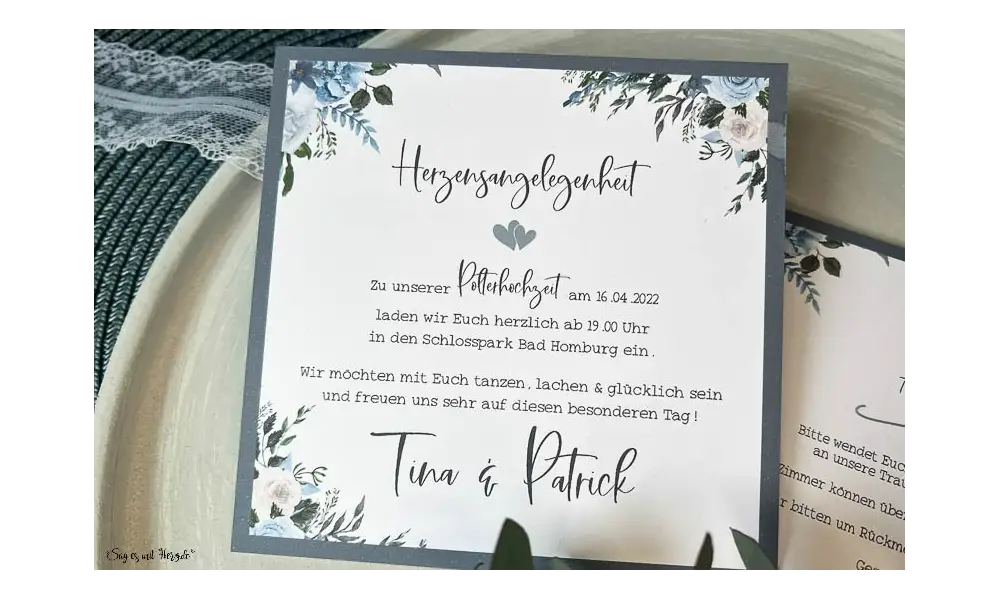 Einladungskarten Hochzeit quadratisch Blumen Vintage blau floral