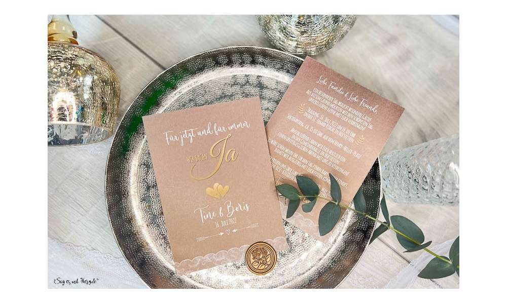 Einladungskarten Hochzeit Spitze Vintage Kraftpapier, Fingerprint