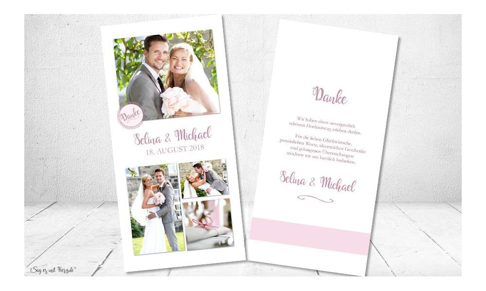 Dankeskarte Hochzeit weiß rosa