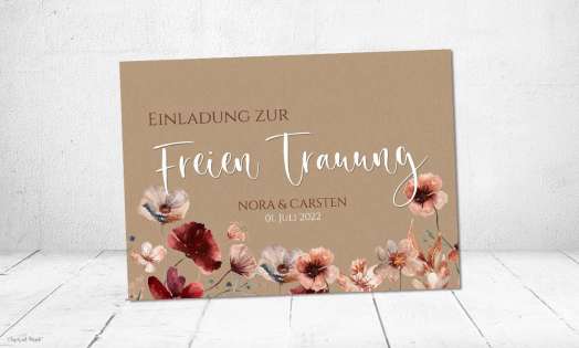 Einladungskarten Hochzeit Kraftpapier floral burgundy