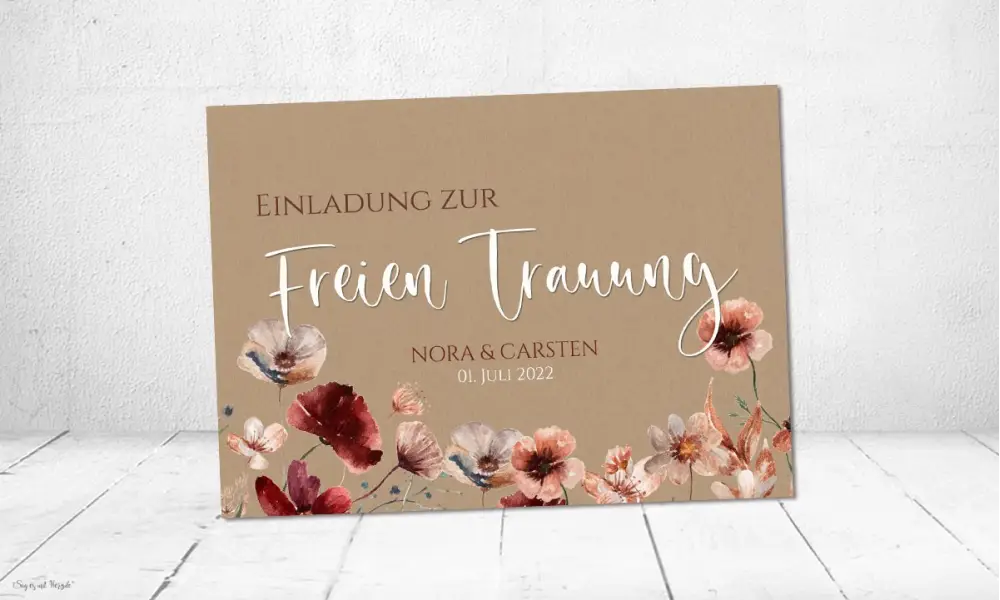 Einladungskarten Hochzeit Kraftpapier floral burgundy