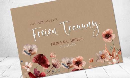 Einladungskarten Hochzeit Kraftpapier floral burgundy