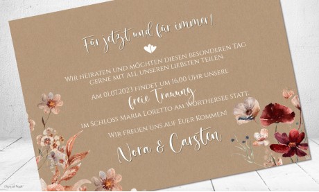 Einladungskarten Hochzeit Kraftpapier floral burgundy