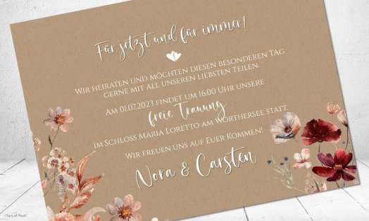 Einladungskarten Hochzeit Kraftpapier floral burgundy