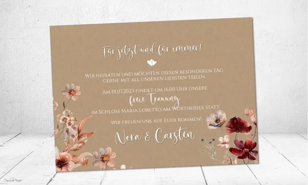 Einladungskarten Hochzeit Kraftpapier floral burgundy