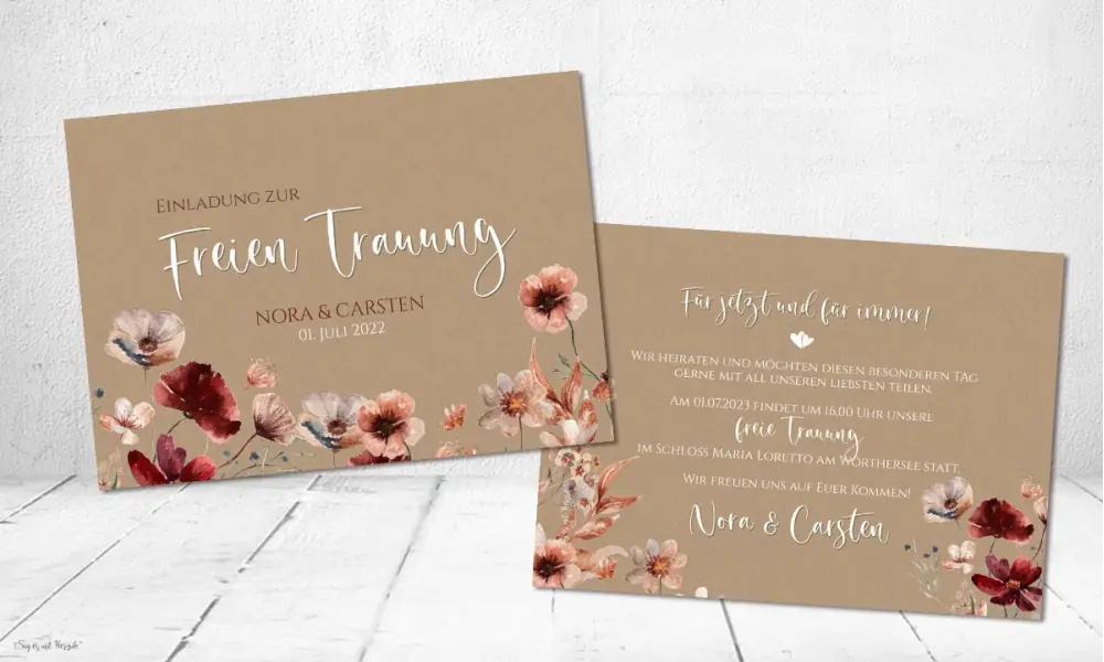 Einladungskarten Hochzeit Kraftpapier floral burgundy
