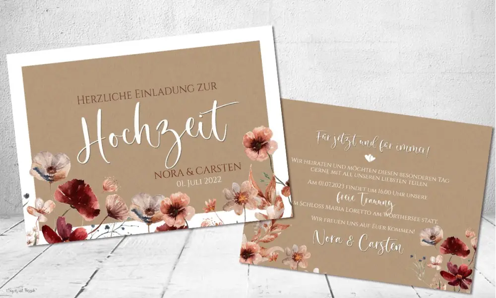 Einladungskarten Hochzeit Kraftpapier floral burgundy