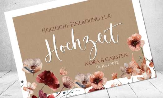 Einladungskarten Hochzeit Kraftpapier floral burgundy