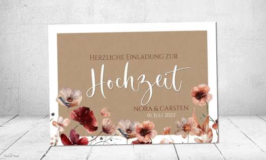 Einladungskarten Hochzeit Kraftpapier floral burgundy