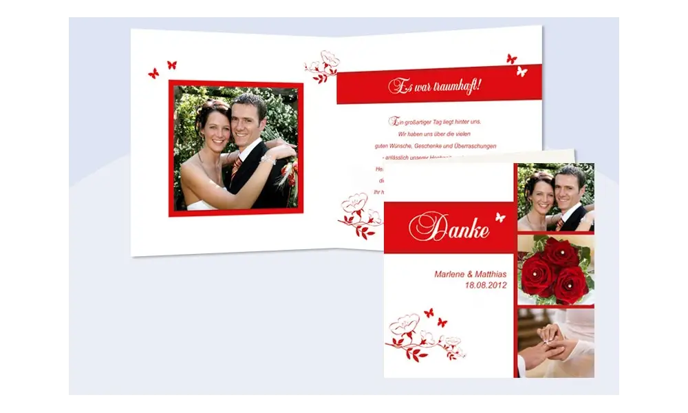 Karte, Danksagungskarte Hochzeit "Blumenranke", Klappkarte Quadrat, rot