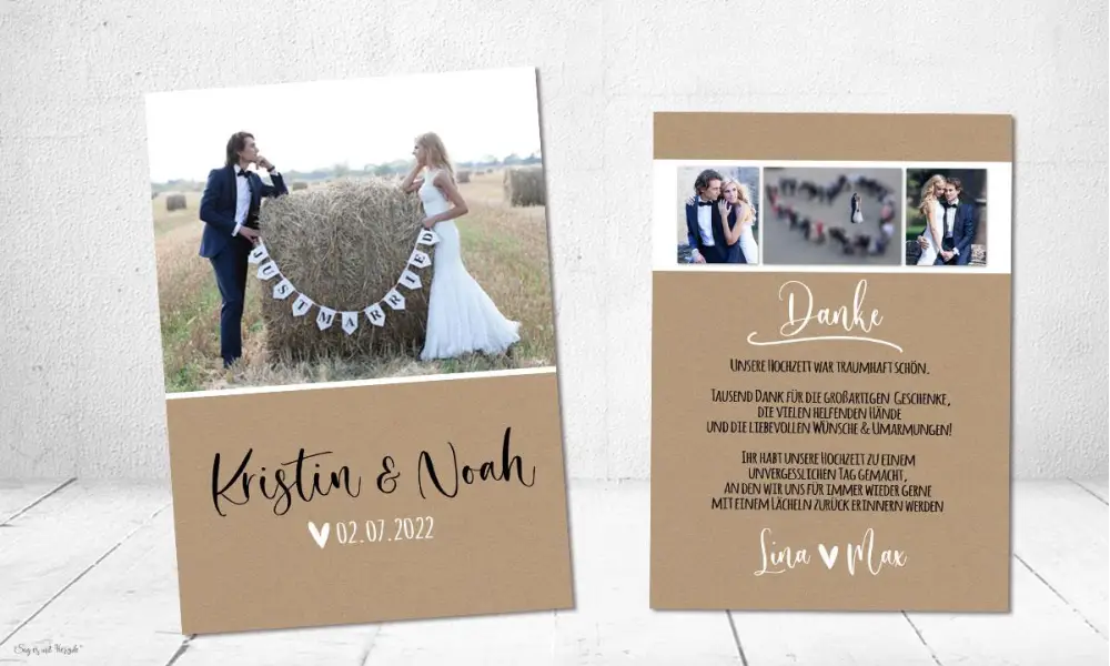 Dankeskarten Hochzeit Kraftpapier mit Foto
