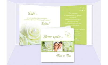 Einladungskarte Hochzeit, Klappkarte Quadrat, grün creme Rosen 