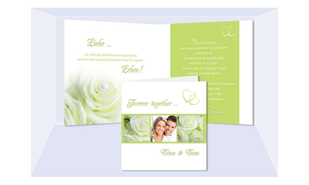 Einladungskarte Hochzeit, Klappkarte Quadrat, grün creme Rosen 