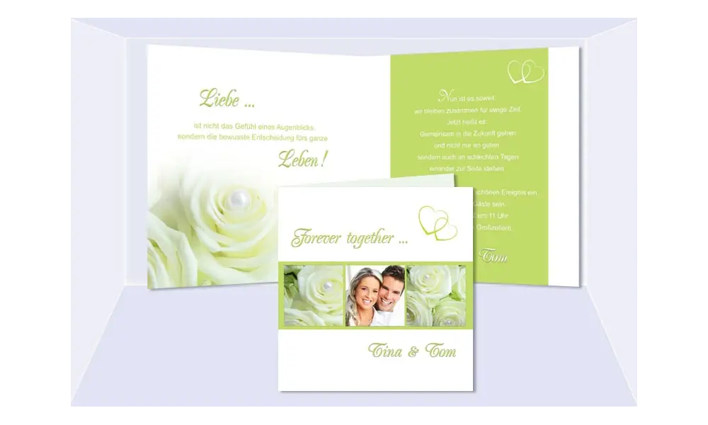Einladungskarte Hochzeit, Klappkarte Quadrat, grün creme Rosen 