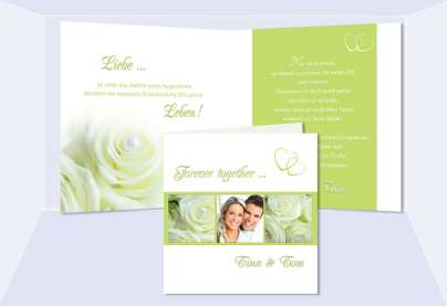 Einladungskarte Hochzeit, Klappkarte Quadrat, grün creme Rosen 
