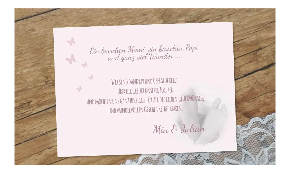 Dankeskarten Geburt rosa Schmetterling