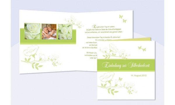 Einladungskarte Hochzeit Silberhochzeit, Klappkarte Quadrat, grün 